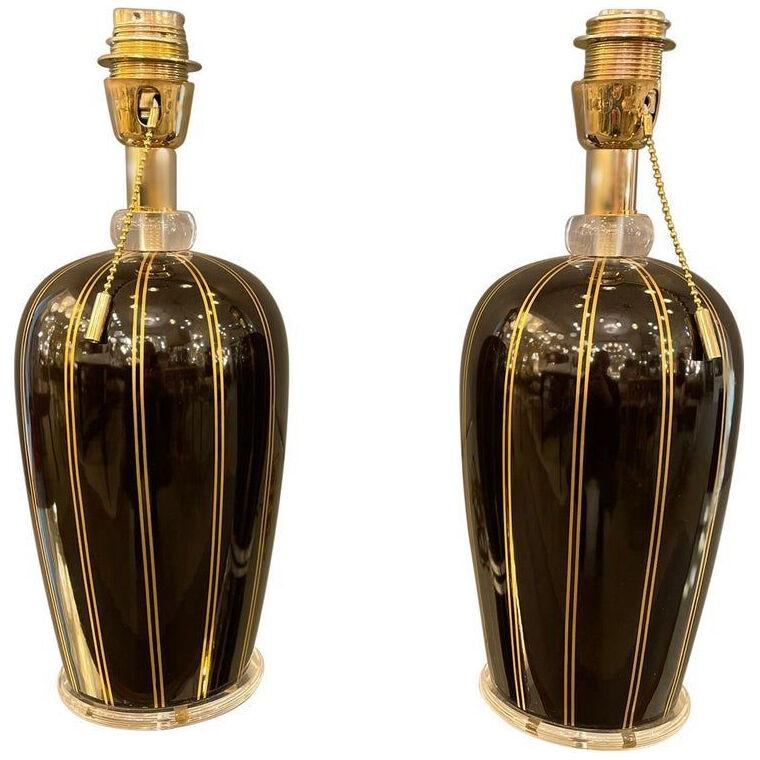 Pair of Black Murano Glass Table Lamps, Italy, 1960s