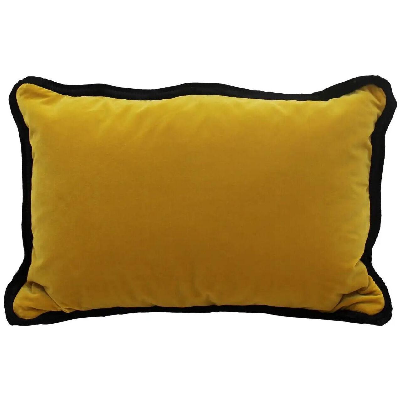 Yellow Velvet Cushion in Cotton with Double Tinsel Trim and Linen Back