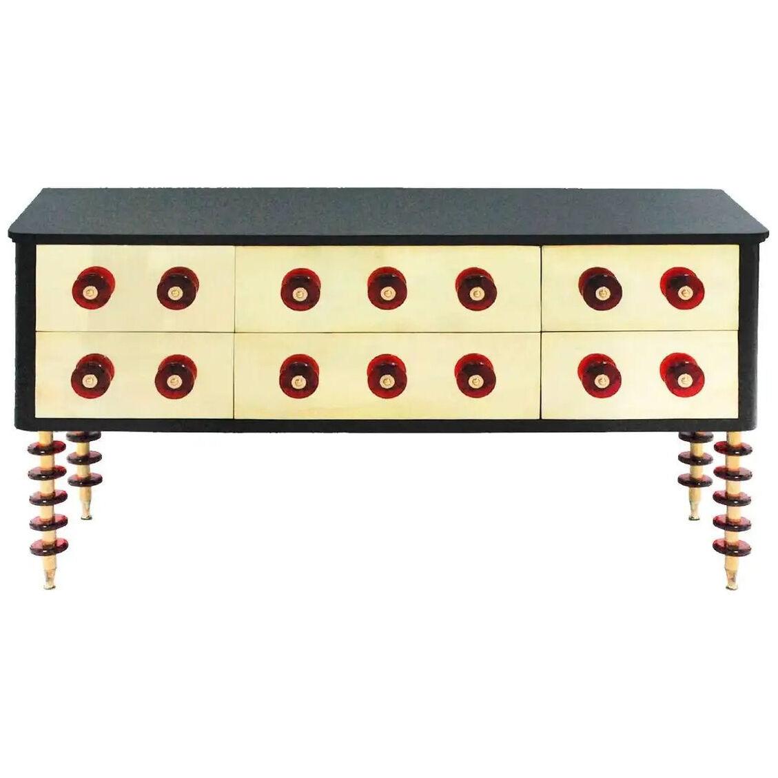 Midcentury Style Italian Sideboard Made of Solid Wood Murano Glass and Brass