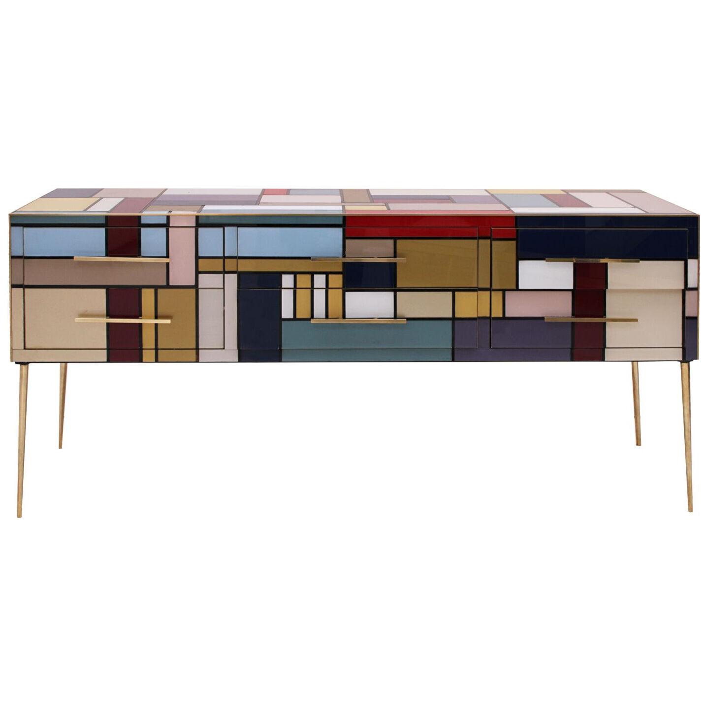 Murano Coloured Glass and Brass Sideboard Composed of 6 Drawers 