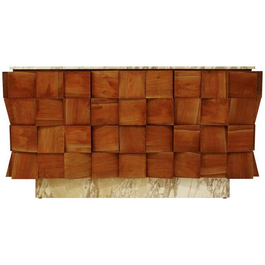 Mid-Century Modern Style Siena Marble Solid Birchwood Italian Drawers Sideboard
