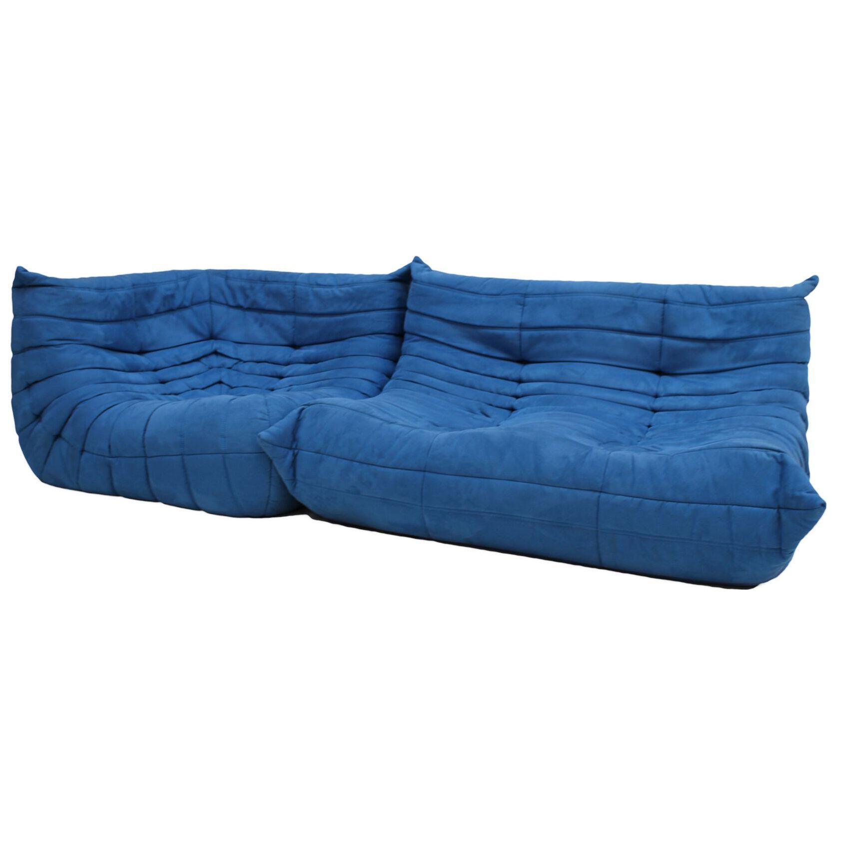 Original Ligne Roset Togo Blue Cotton Velvet Sofa Designed by Michel Ducaroy