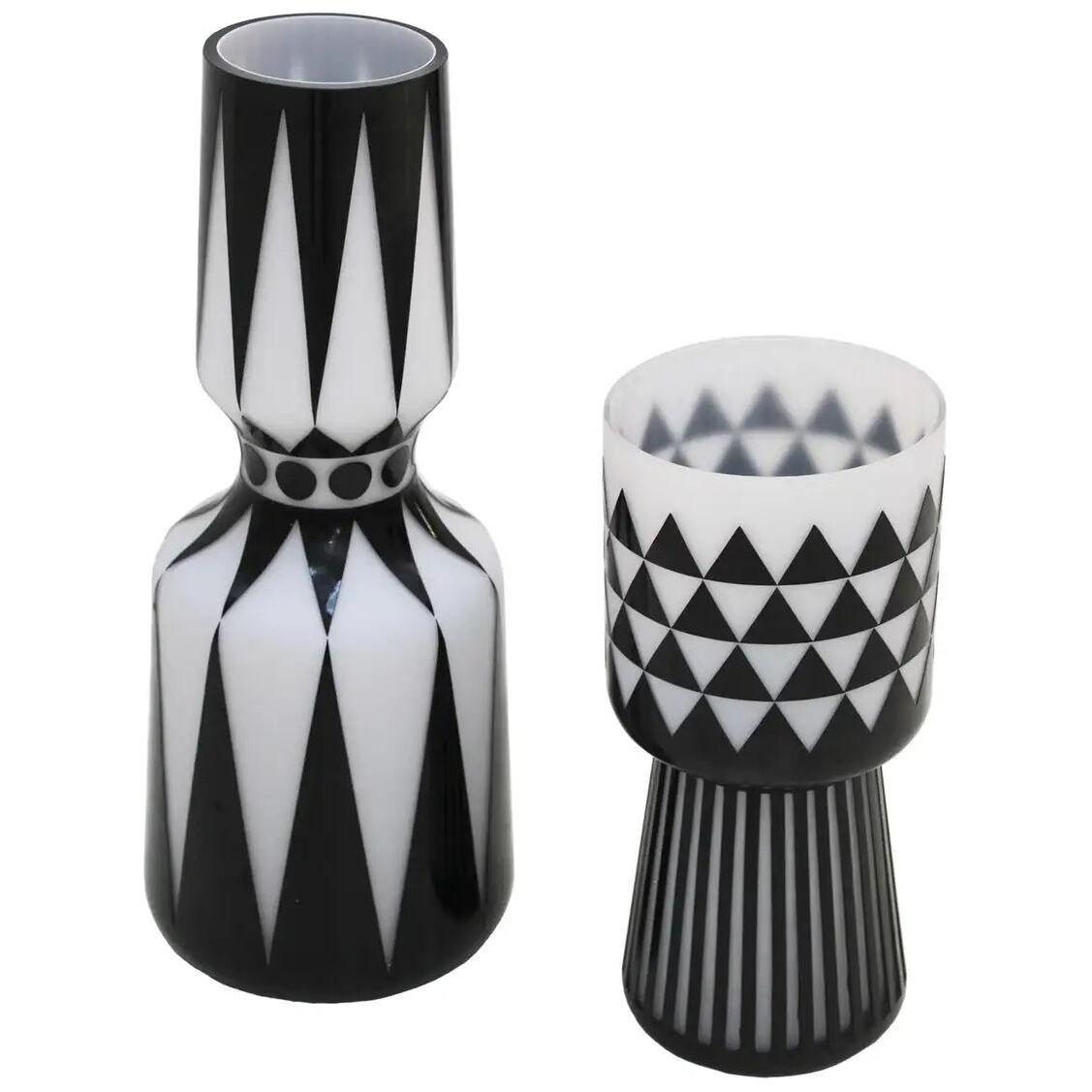 Mid-Century Modern Pair of Italian Glass Vases with Hand Carved Geomtric Motif