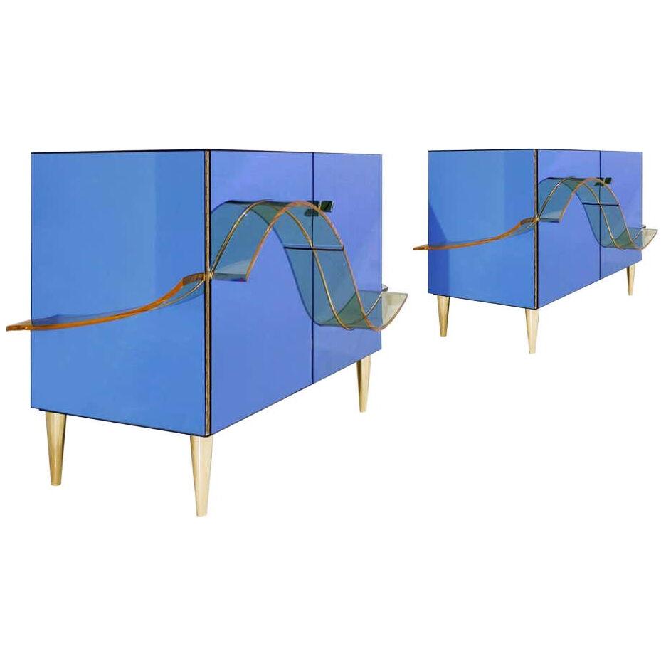 Contemporary Blue Murano Glass Mirror and Brass Pair of Italian Cabinets