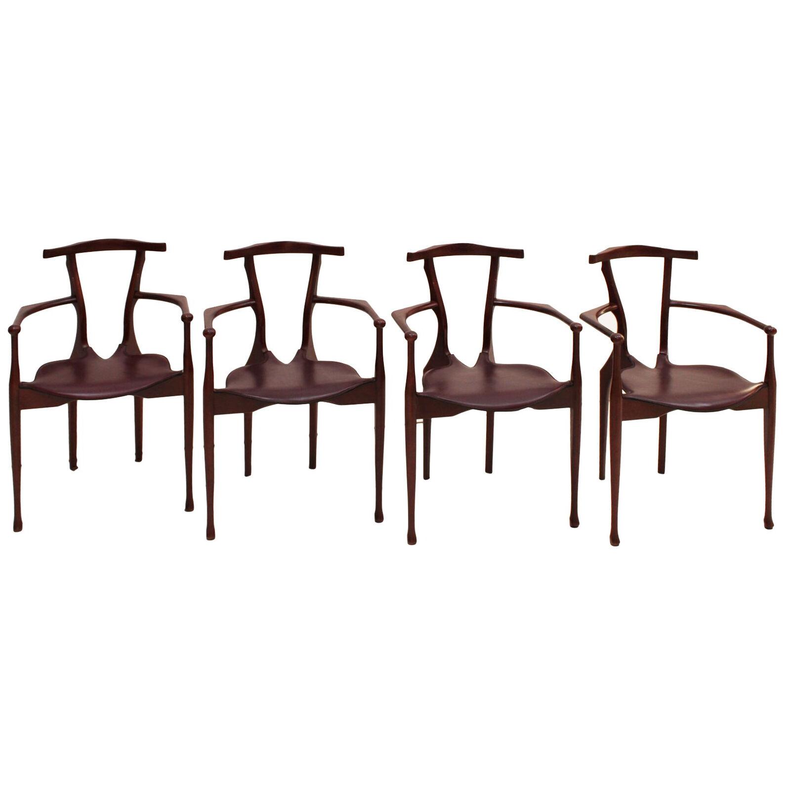 Oscar Tusquets Mid-Century Modern Wood and Leather "Gaulino" Spanish Set Chairs