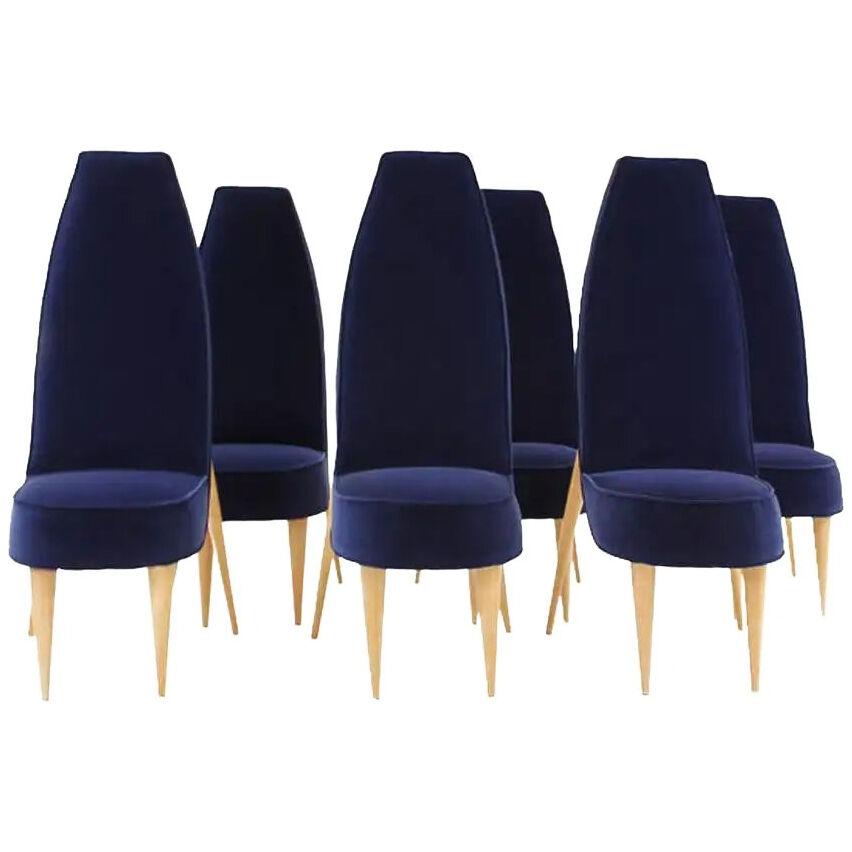 Mid-Century Modern Blue Velvet and Birchwood Zoomorphic French Chairs, Set of 6