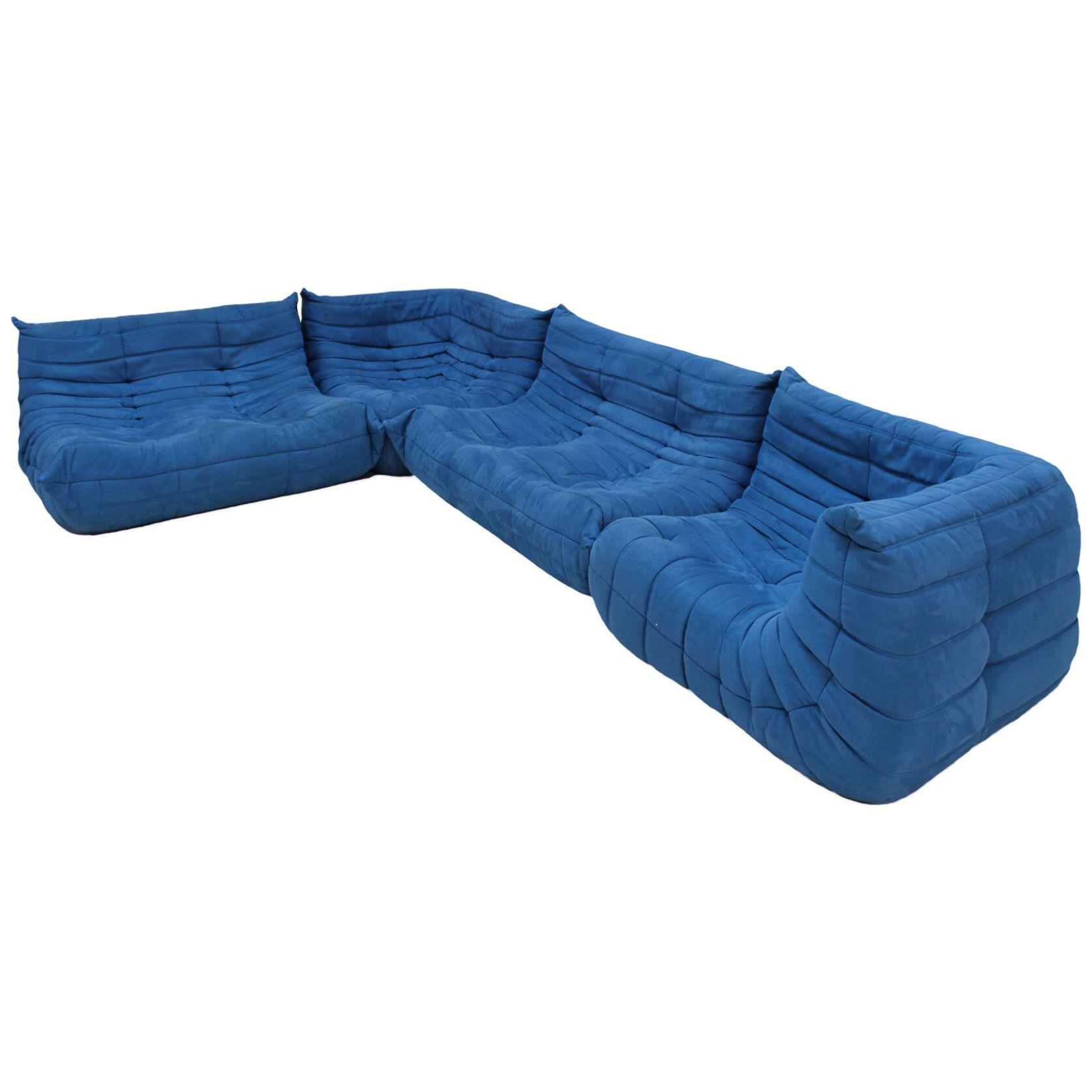 Original Ligne Roset Togo Blue Cotton Velvet Sofa Designed by Michel Ducaroy