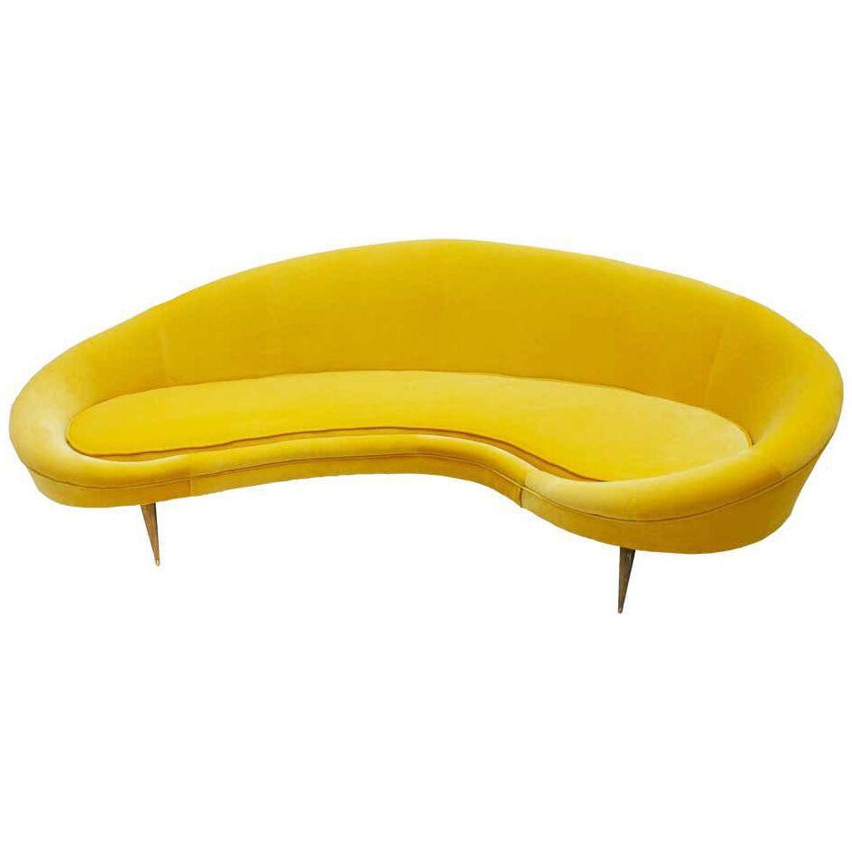 Curved Yellow Cotton Velvet and Brass Italian Sofa