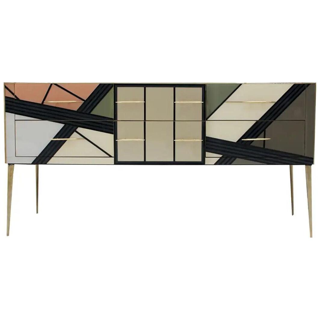 Mid-Century Modern Style Solid Wood and Colored Glass Italian Sideboard