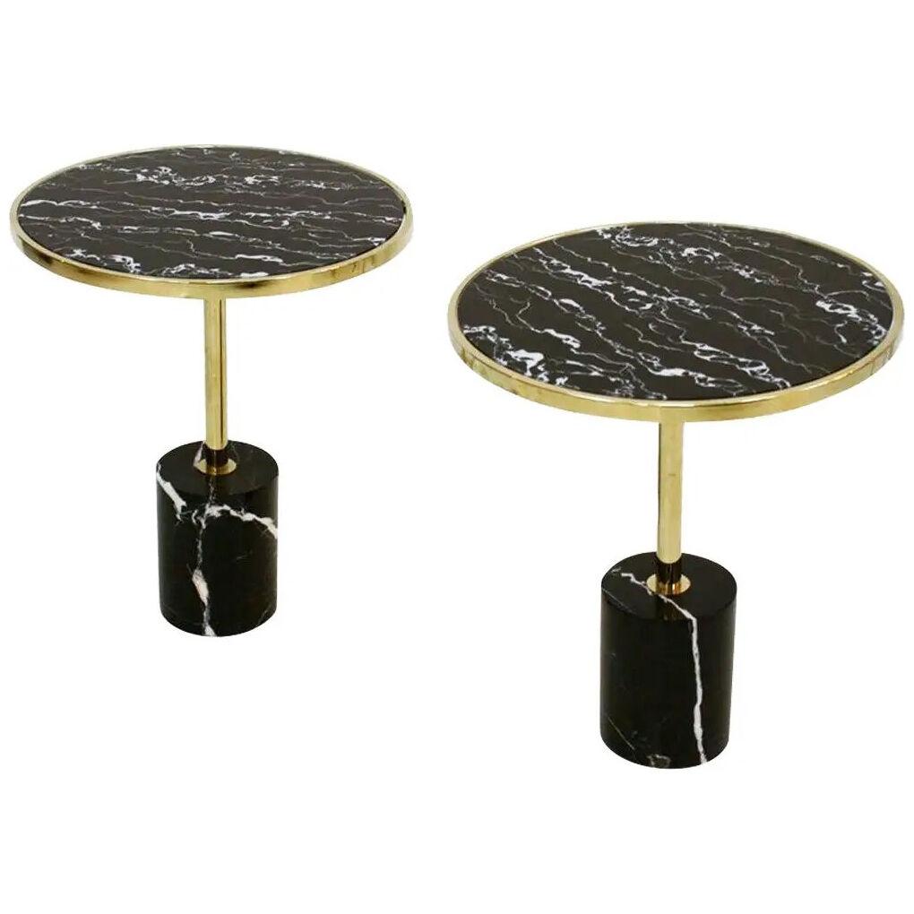 Pair of Contemporary Marquina Marble, Glass, Brass Side Italian Tables