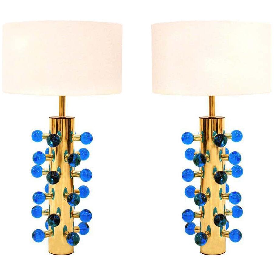 Mid-Century Modern Style Pair of Brass and Murano Glass Italian Table Lamps