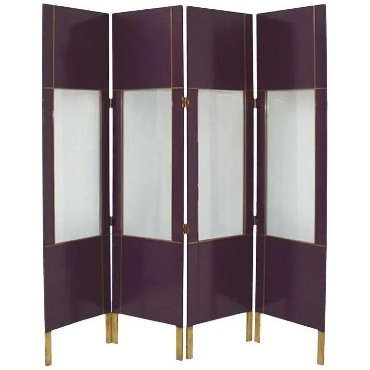 Mid-Century Modern Purple Wood Gold Brass Italian Screen Divider
