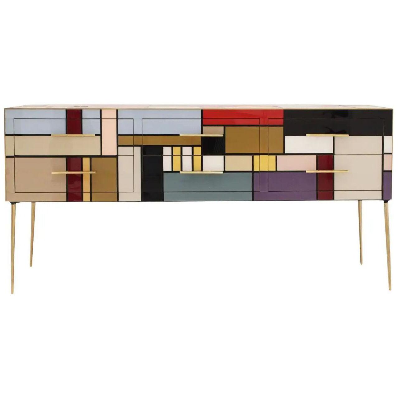 Italian Sideboard Made of Solid Wood and Covered with Colored Glass ,1950s