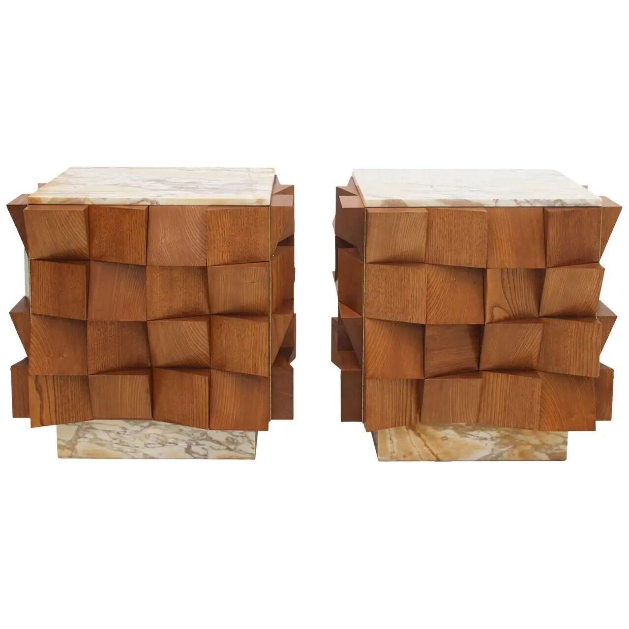 L.A. Studio Pair of Birch Wood and Siena Marble Stone Italian Side/Night Tables