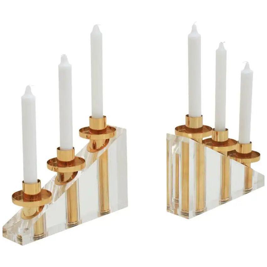 Contemporary Modern French Brass and Methacrylate Pair of Candelabra