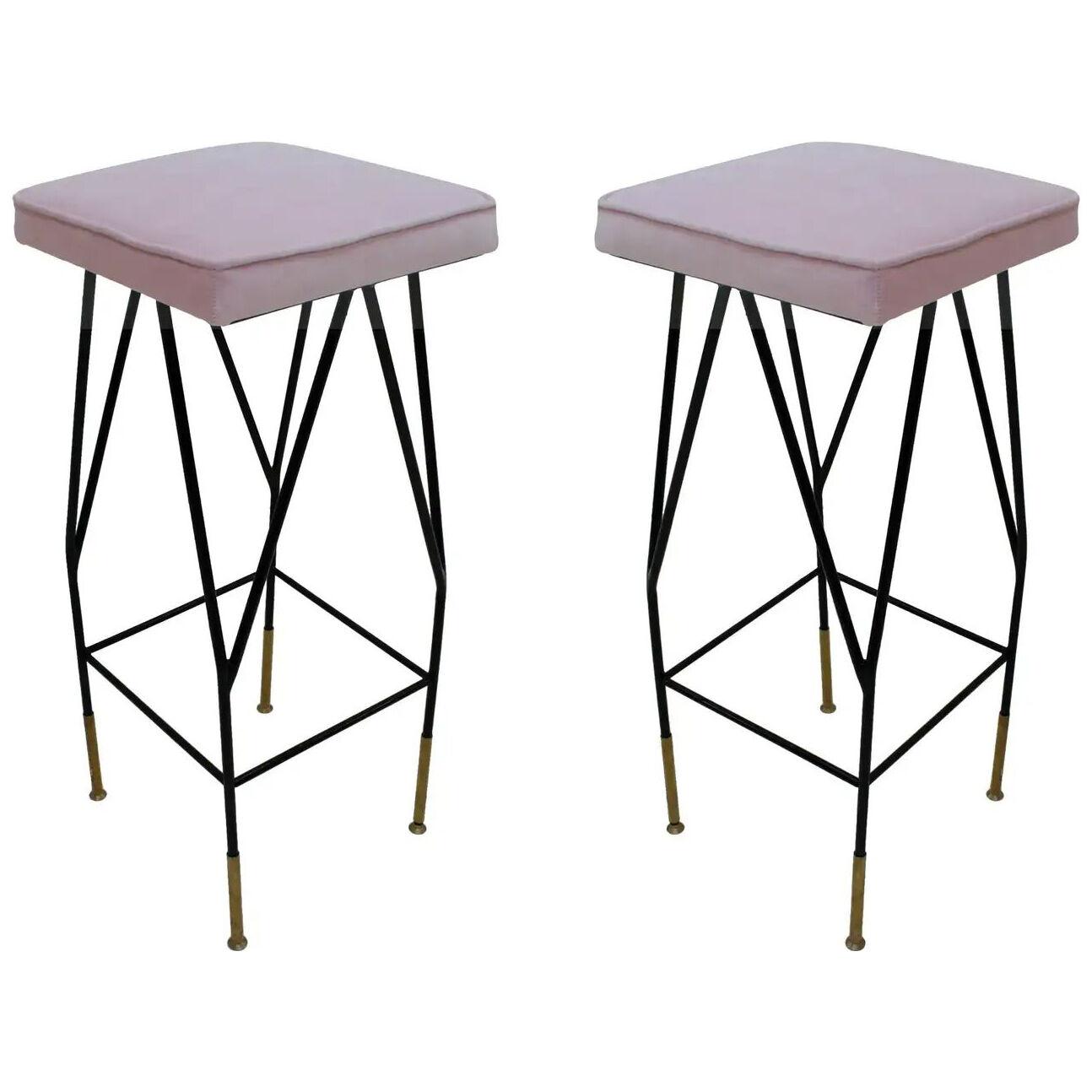 Pink Cotton Velvet and Black Lacquered Metal Italian Stool