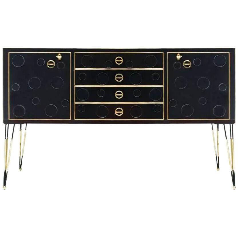 Mid-Century Modern Style Made of Wood, Dark Glass and Brass Italian Sideboard