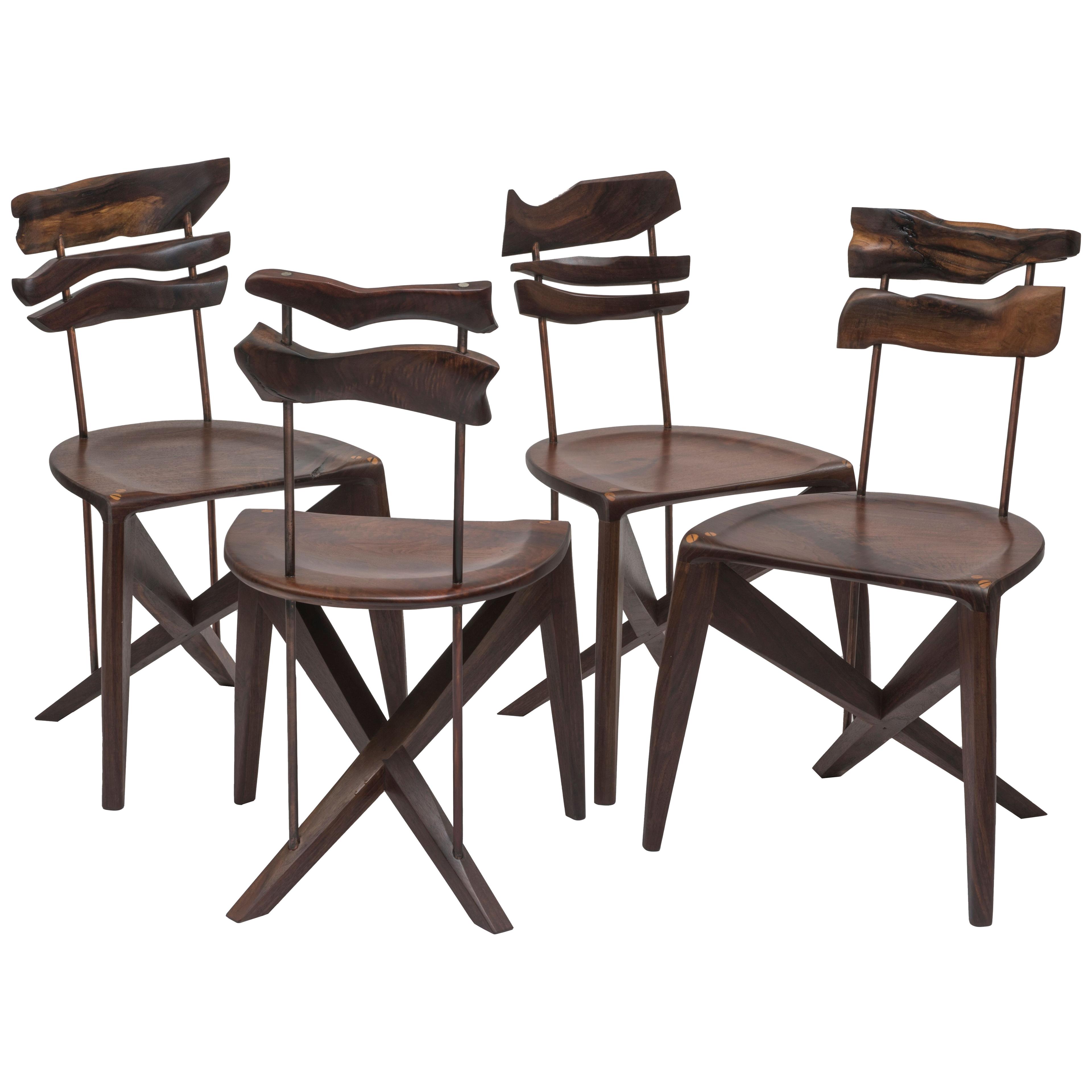 Set of 4 contemporary walnut and steel dining chairs