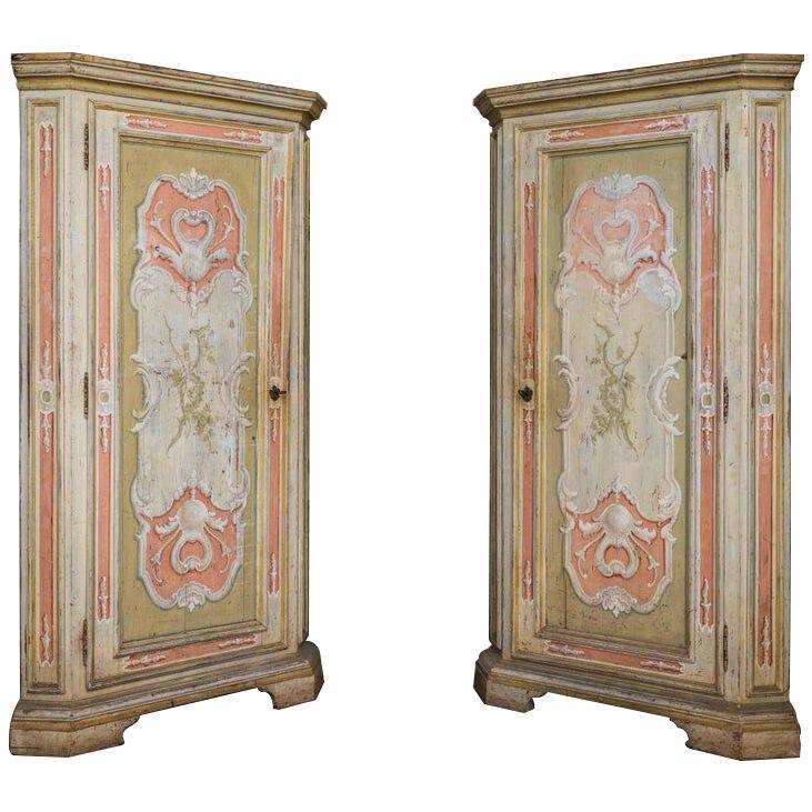 A Pair Of 19th Century Venetian Hand Painted Painted Corner Cabinets