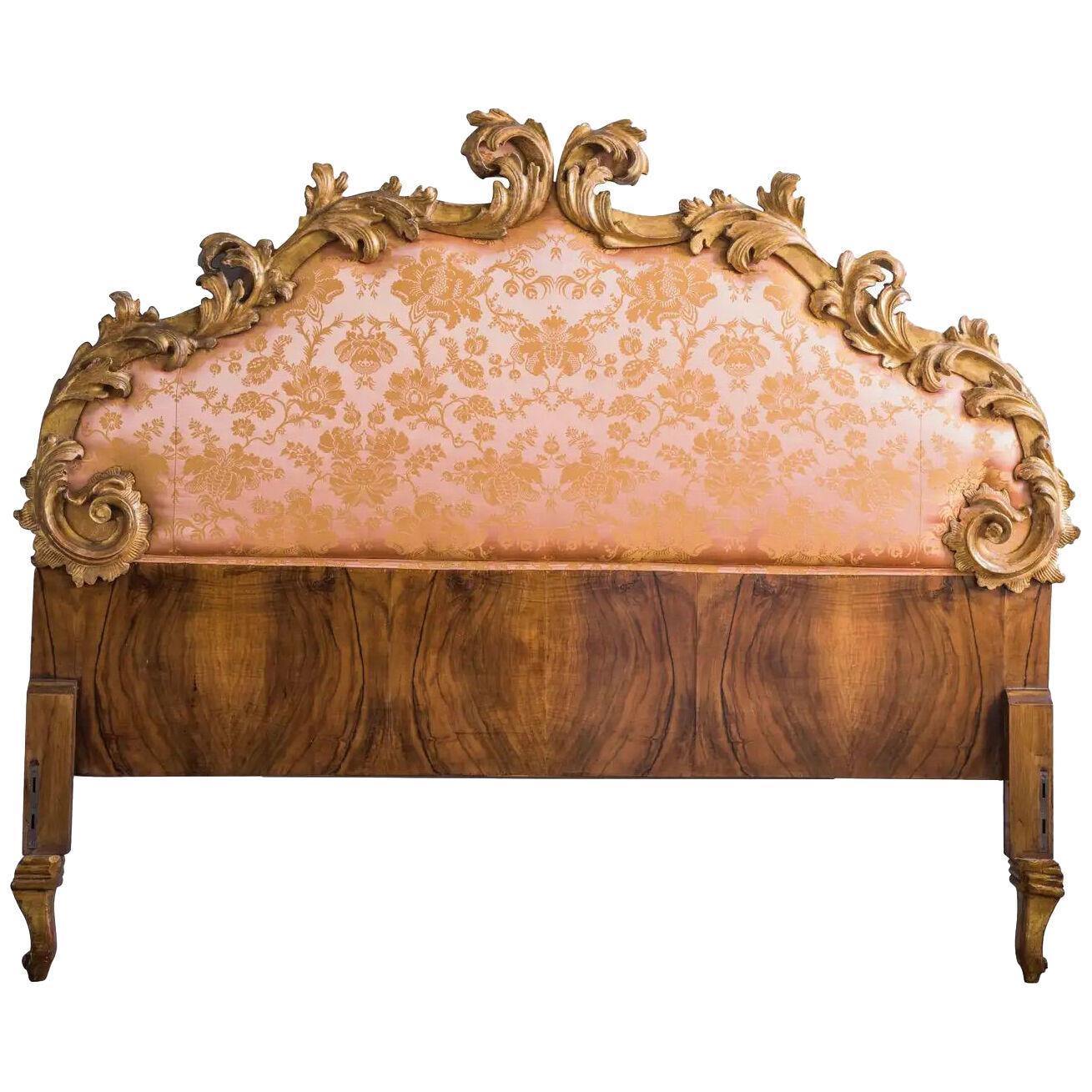19th C. Italian Rococo Style Giltwood Headboard Upholstered in Tassinari Damask
