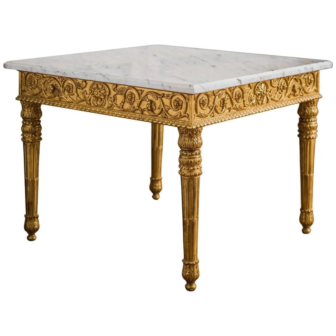Hand Carved Gilt Wood French Louis XVI Style Coffee Table with Marble Top
