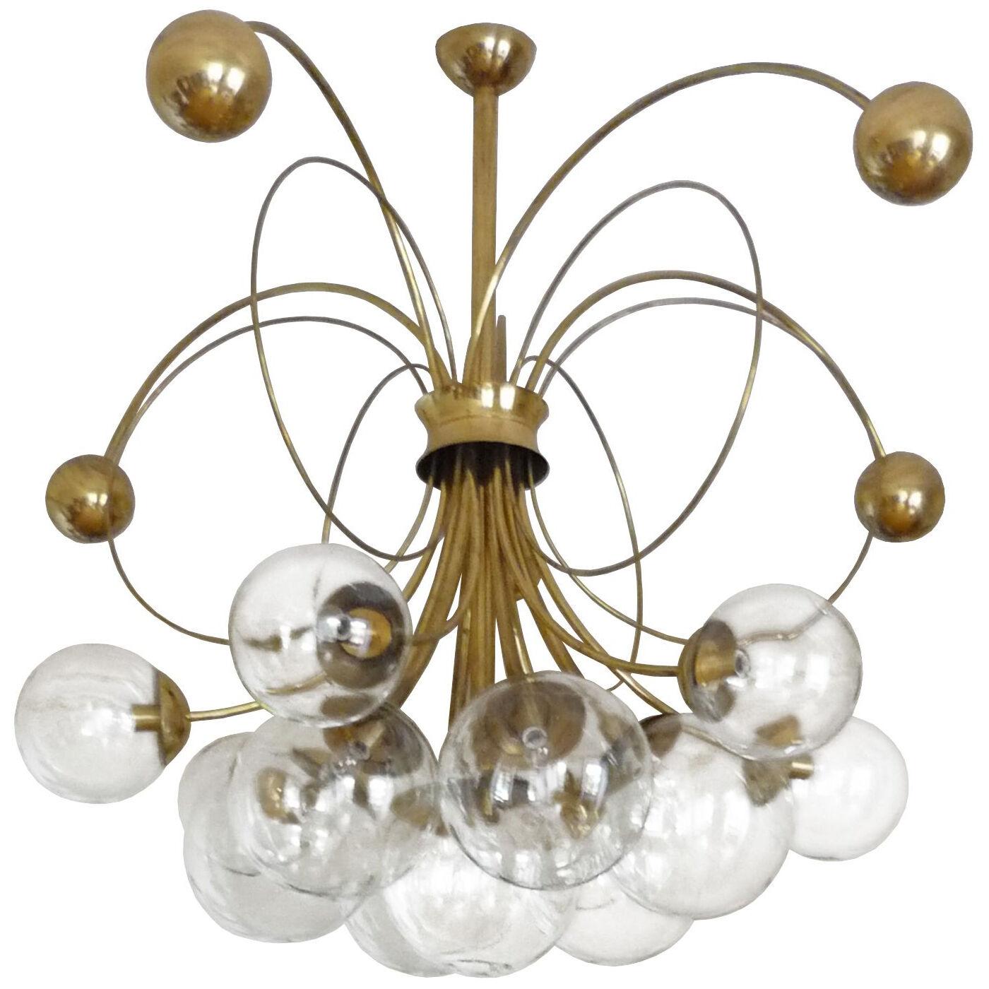 German Brass Chandelier with Circular Brass Rings and Glass Globes