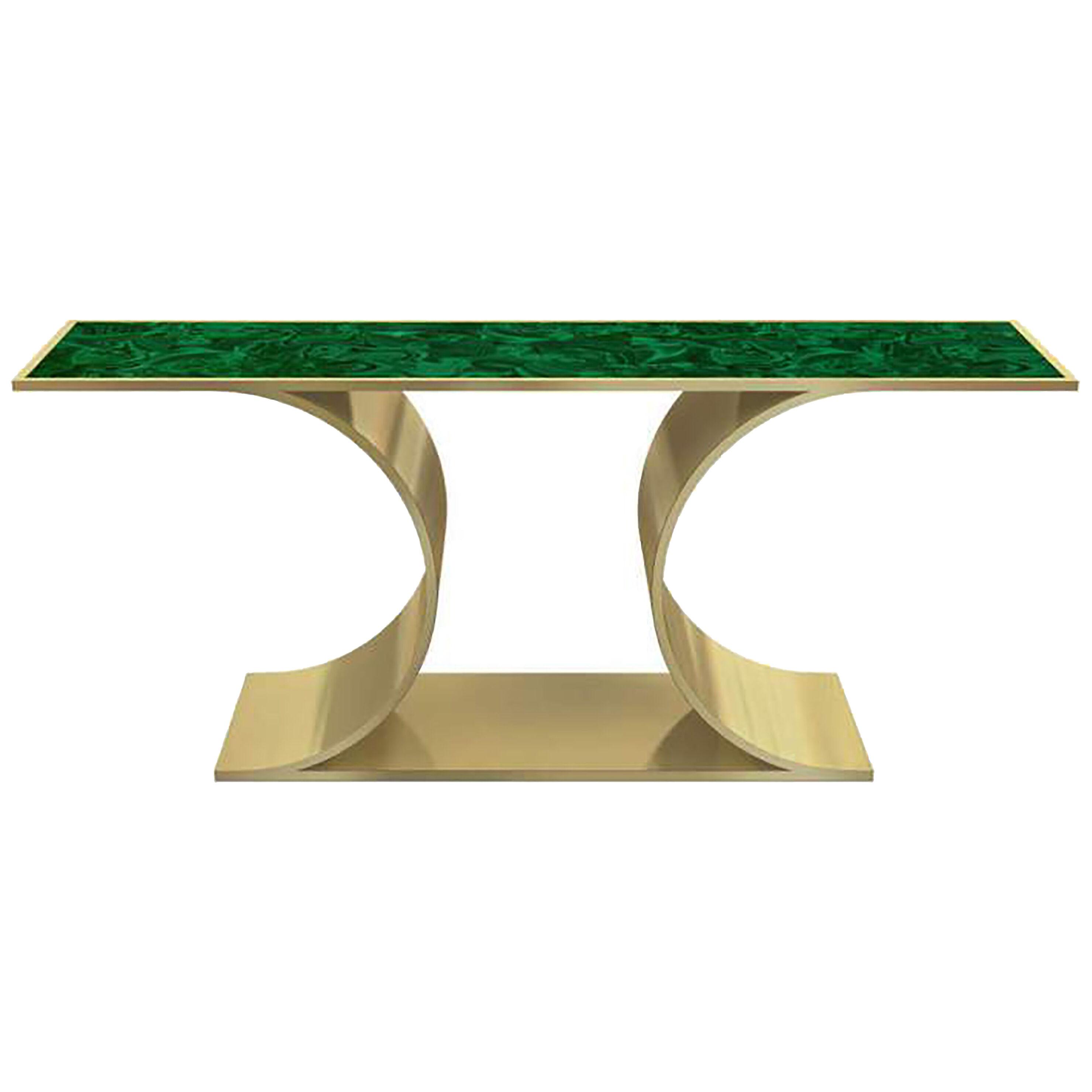 LAURE BRUSHED BRASS AND MALACHITE CONSOLE TABLE