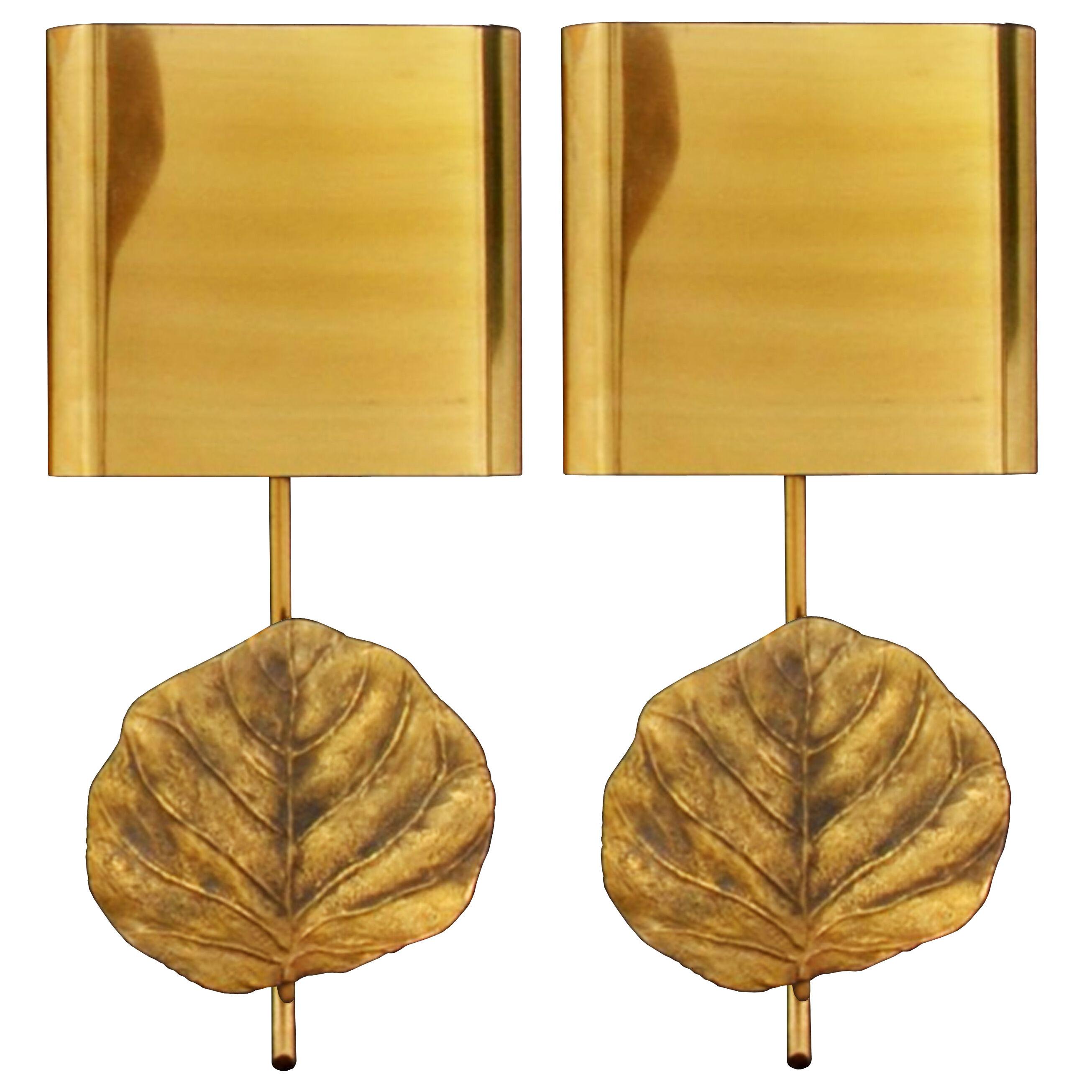 Pair of Signed Maison Charles Bronze Leaf Sconces