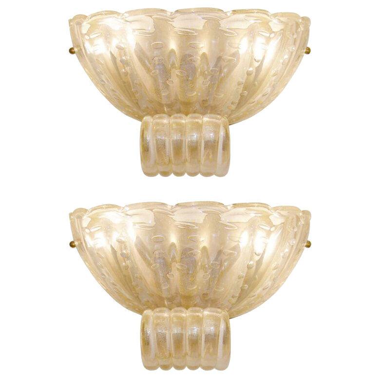 Pair of Barovier Fluted Pale Amber Glass Sconces