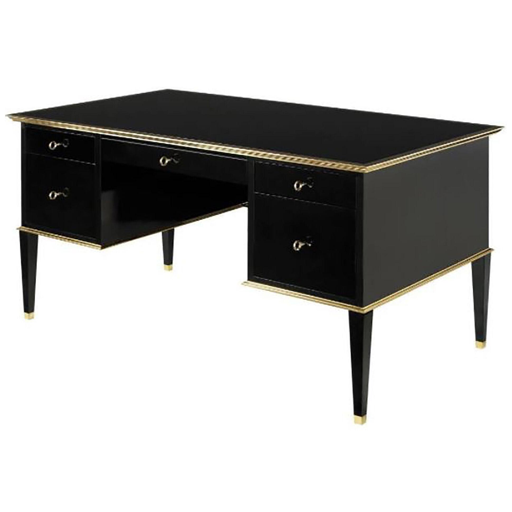 Black Lacquered Desk with Solid Brass Details