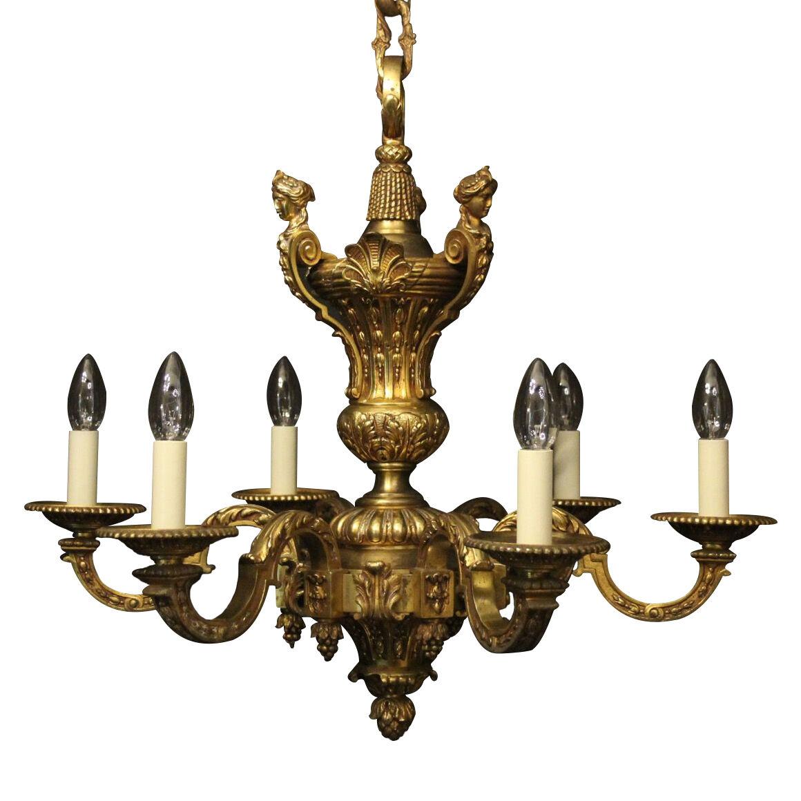 French Gilded Bronze 6 Light Antique Chandelier
