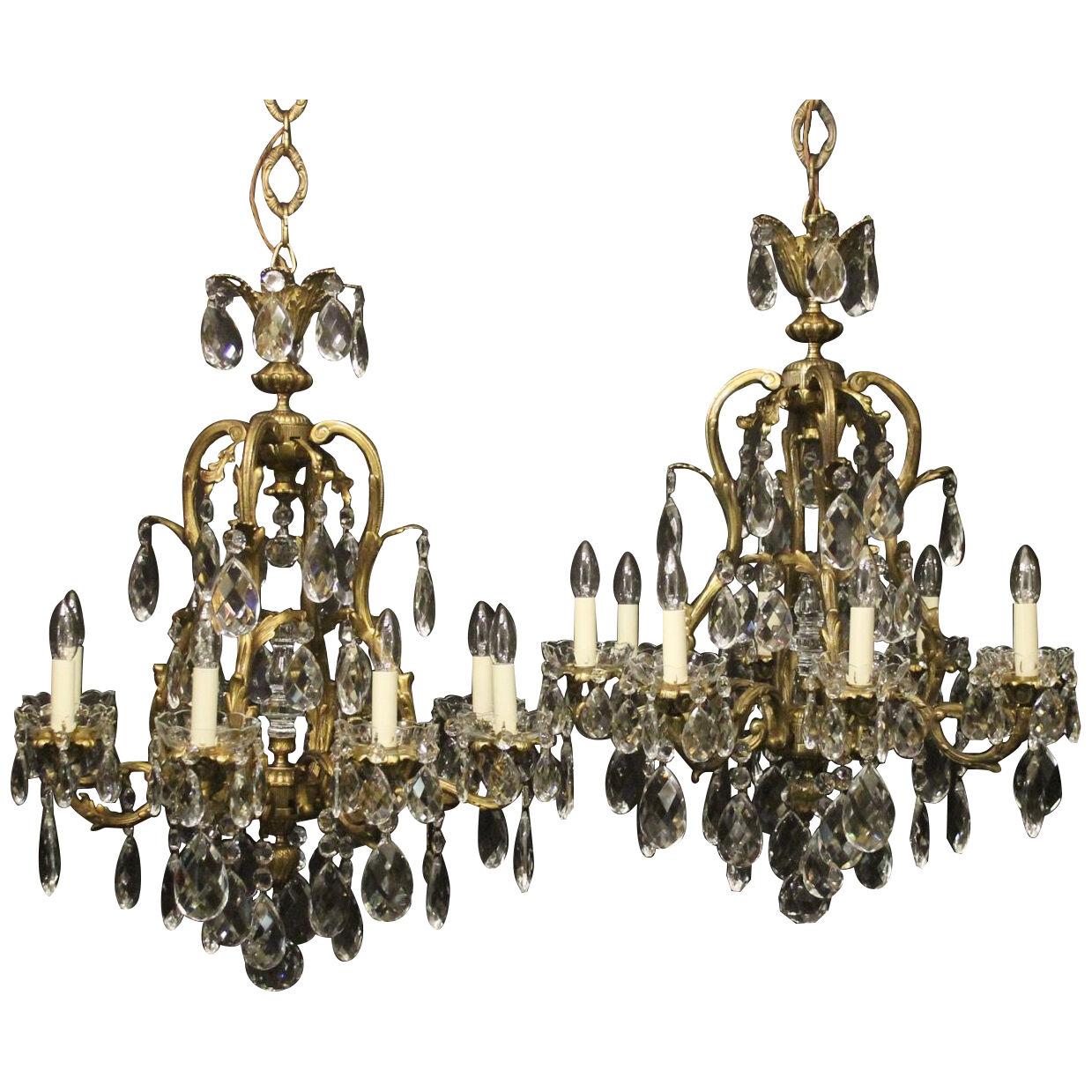 French Pair Bronze 8 Light Antique Chandeliers