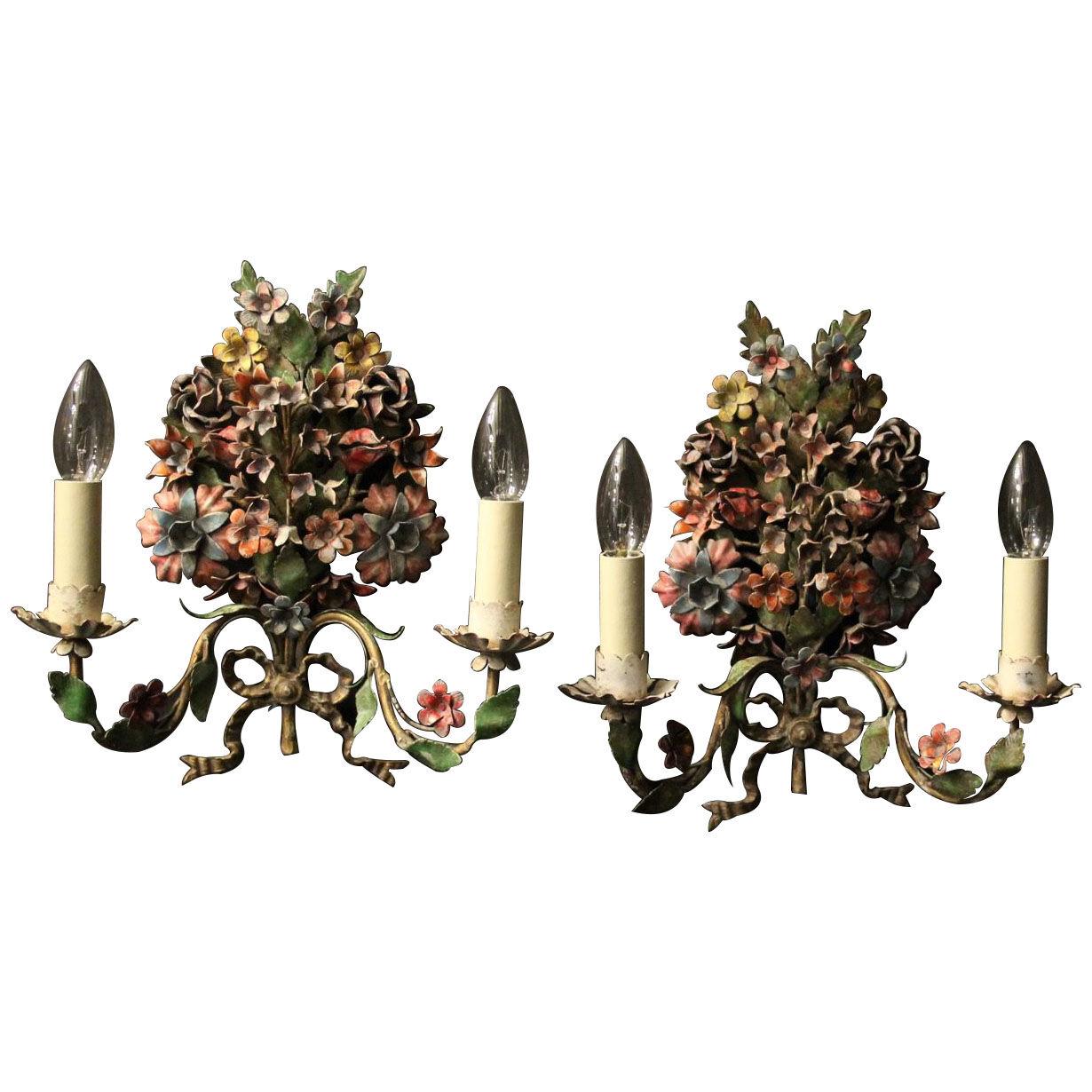 French Pair Of Toleware Floral Wall Lights