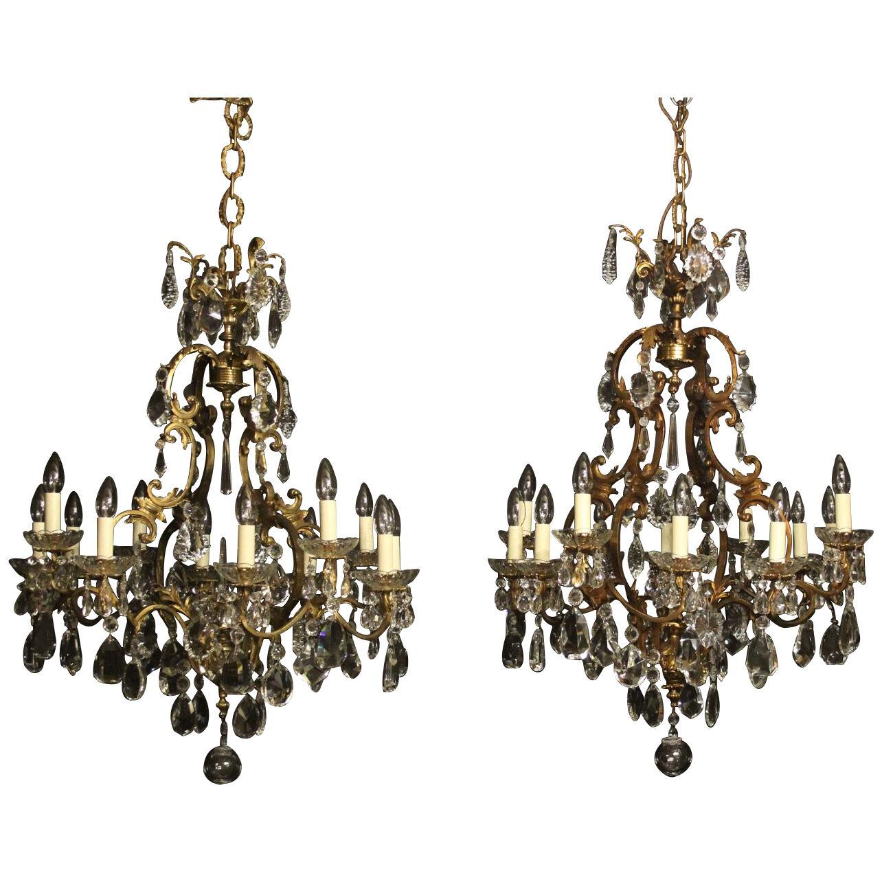 French Pair Bronze 12 Light Antique Chandeliers