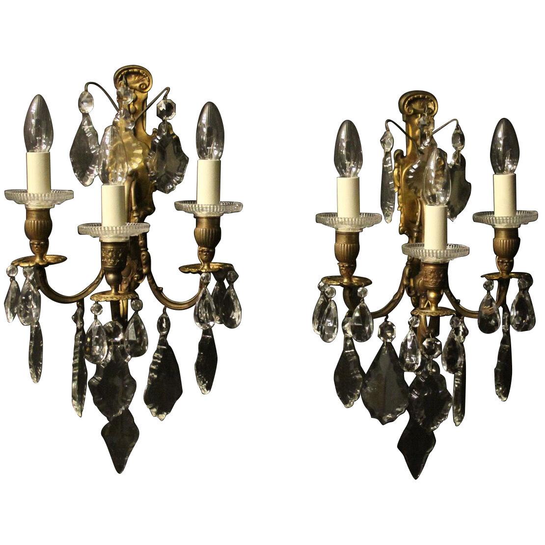 French Pair Of Gilded Bronze & Crystal Sconces