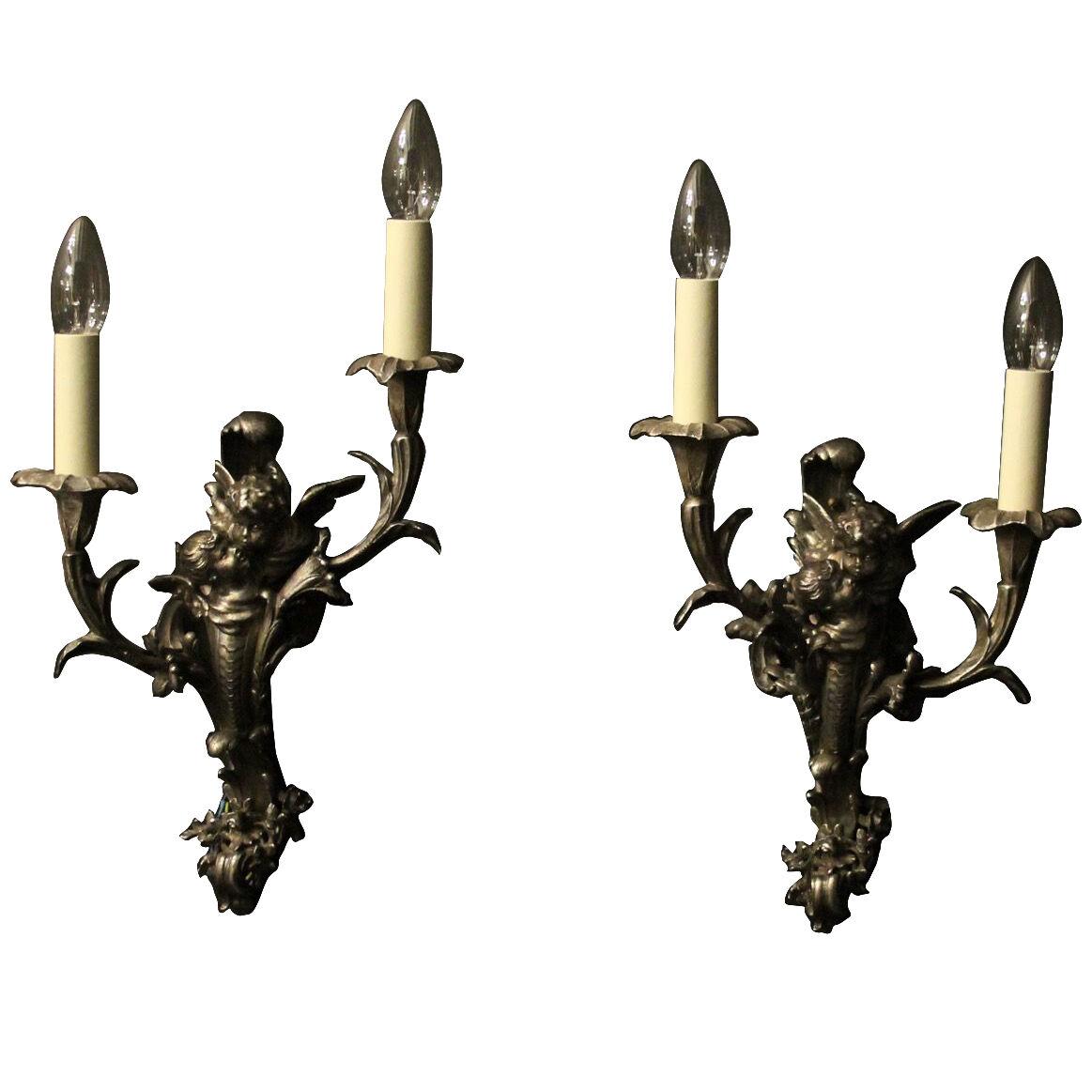 French Silver Gilded Cherub Antique Wall Sconces