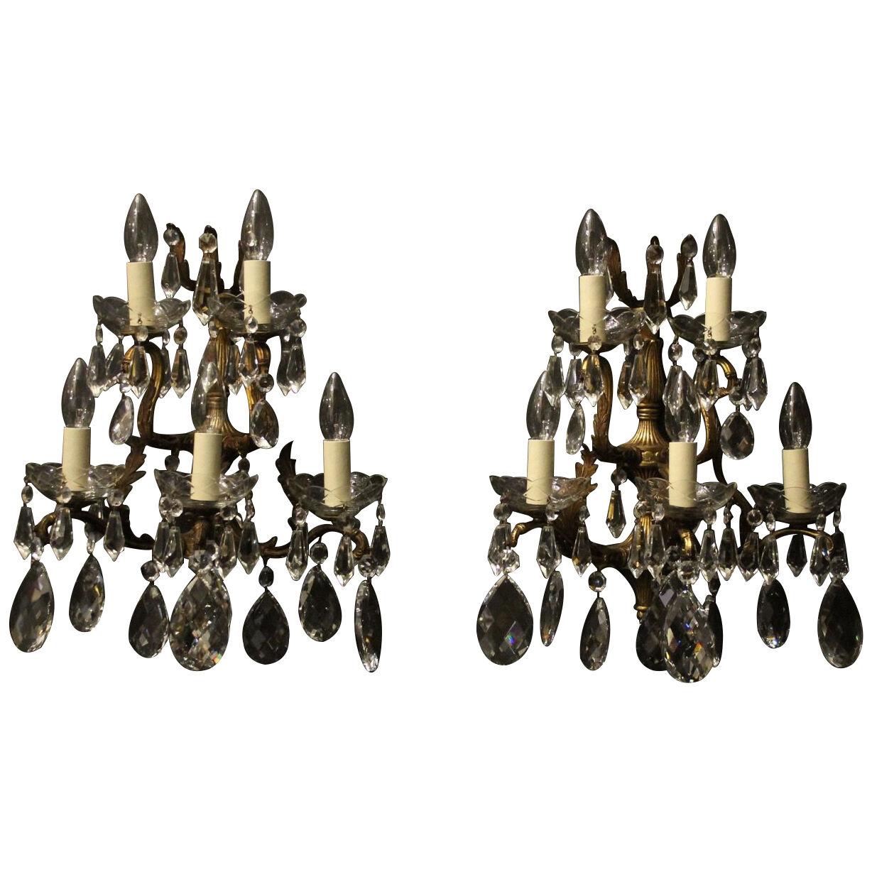 French Pair Of Bronze 5 Arm Wall Lights