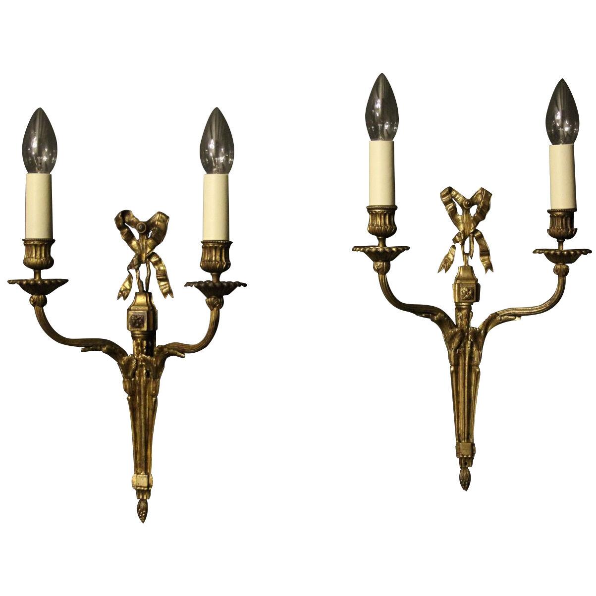 French Gilded Bronze Twin Arm Wall Sconces