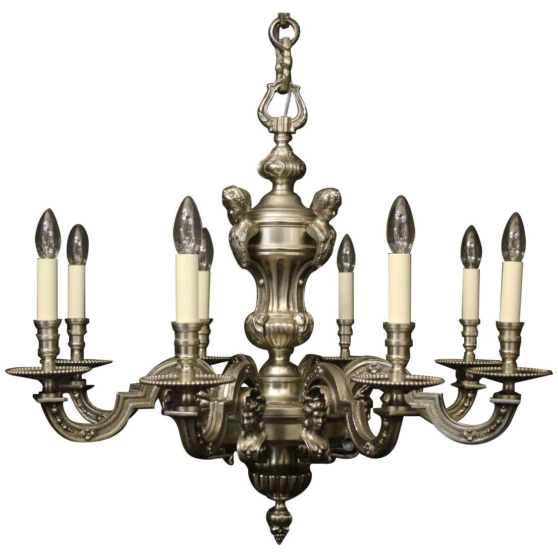 French Pair Silver Bronze 8 Light Chandeliers