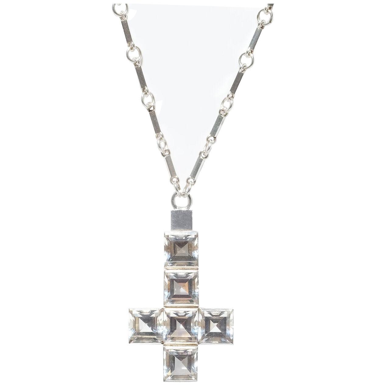 Silver Necklace with a Rock Crystal Cross Pendant by Wiwen Nilsson  year 1938