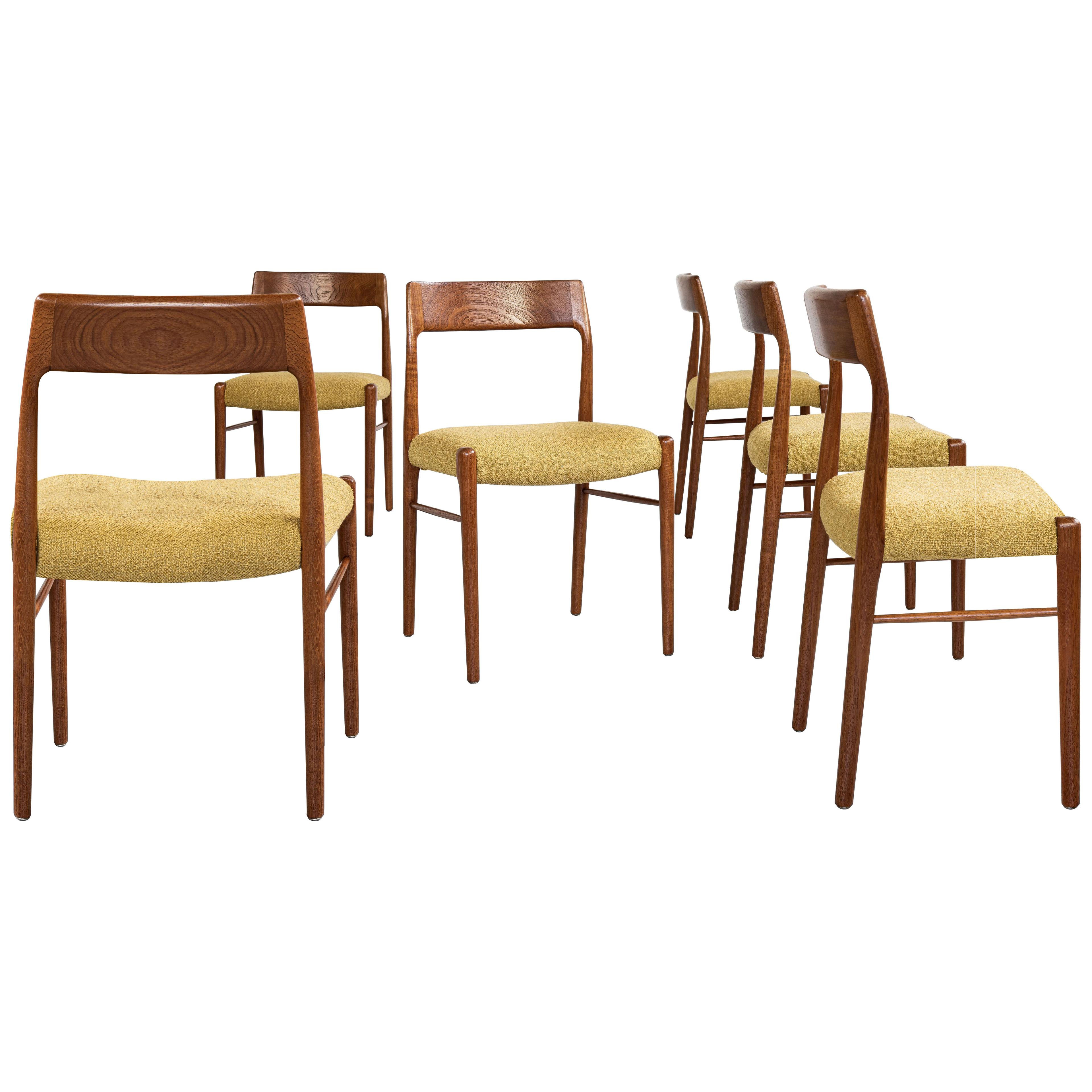 Midcentury Danish set of 6 dining chairs in teak with new fabric 1960s