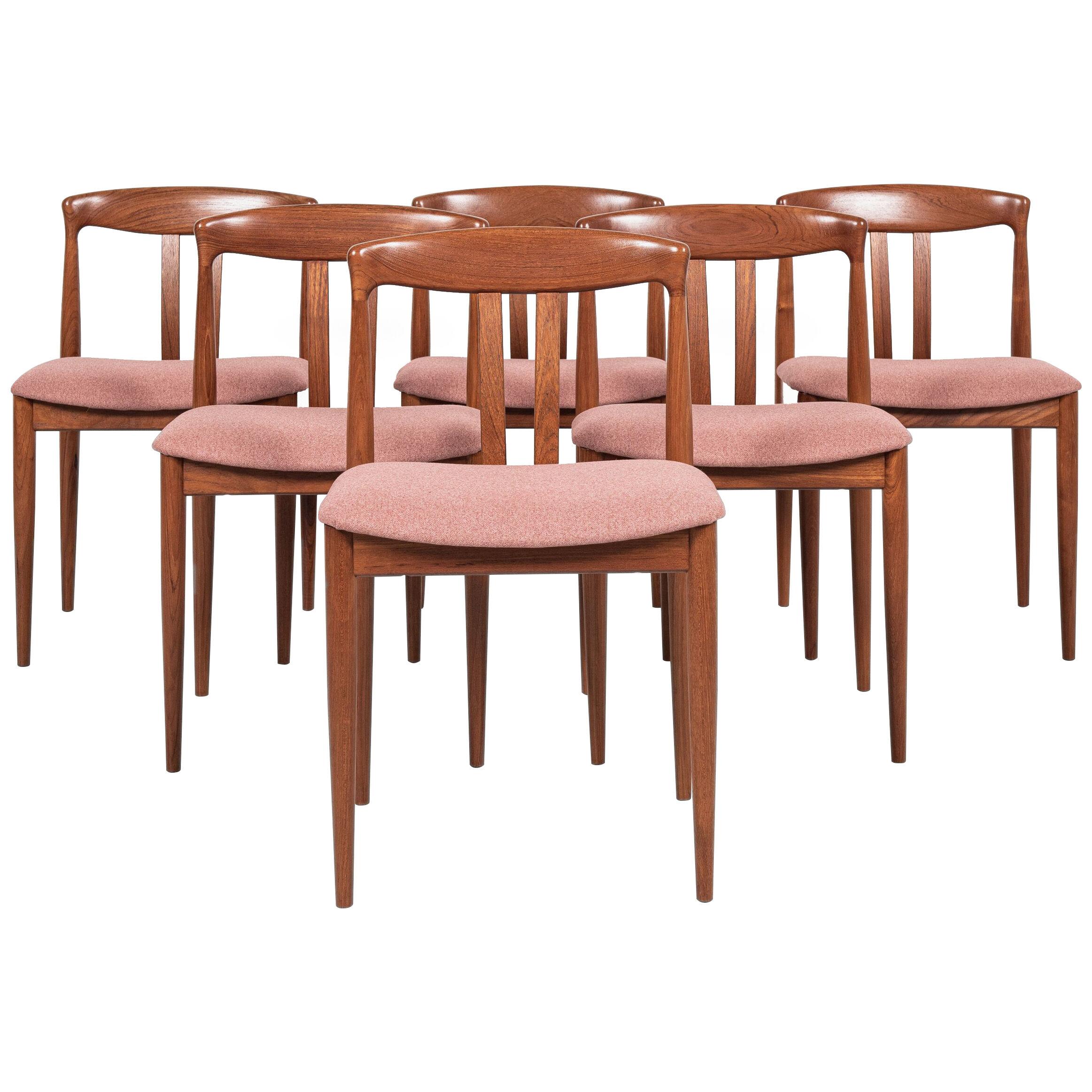 Midcentury Danish set of 6 dining chairs in teak and new pink fabric 1960s