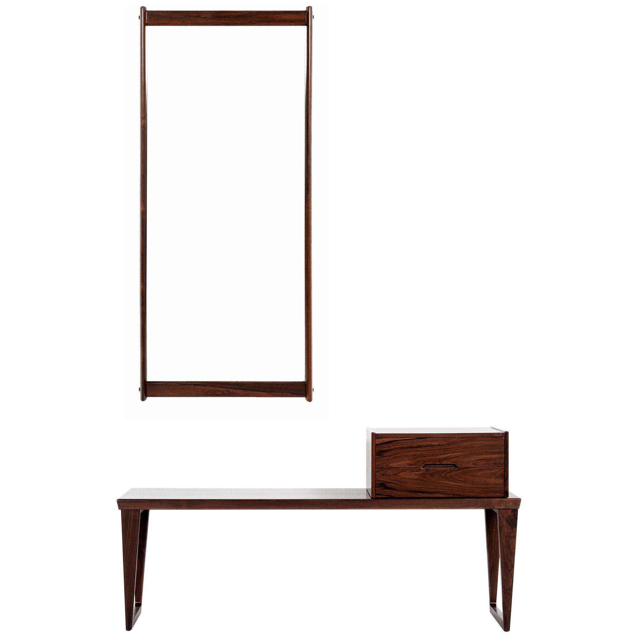 Midcentury mirror, bench and container in rosewood by Aksel Kjersgaard 1960s