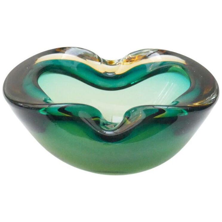 Murano Sommerso Green and Amber Art Glass Bowl, Italy, 1960s