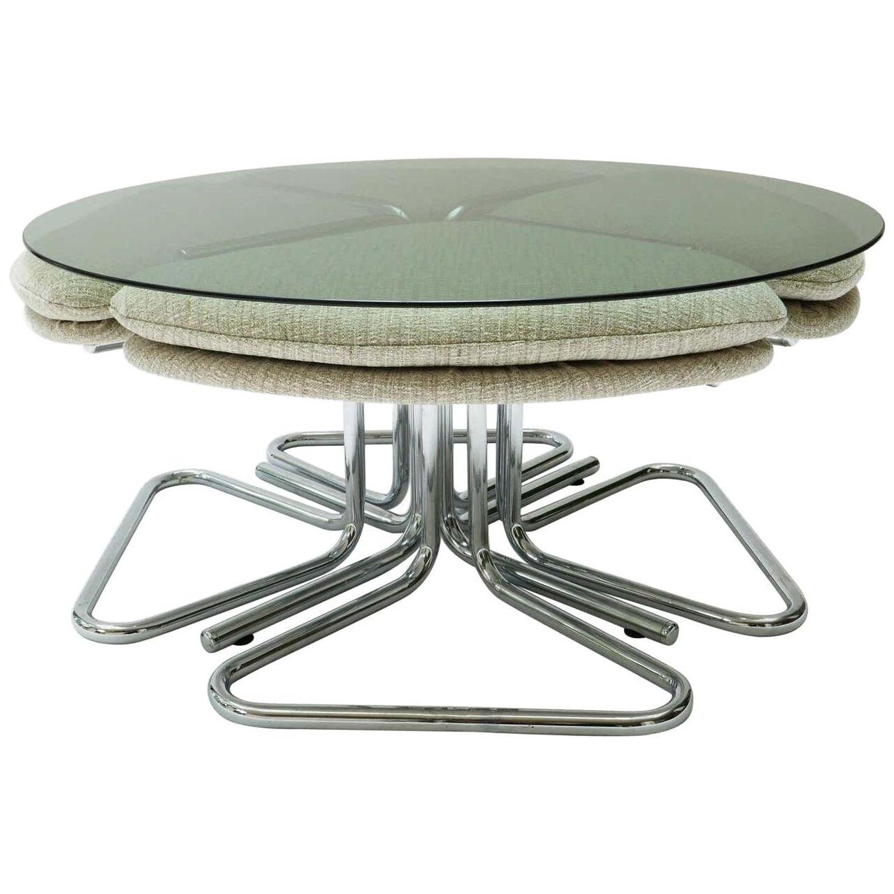 Round Smoked Glass and Chrome Coffee Table with Four Nesting Stools, 1970s
