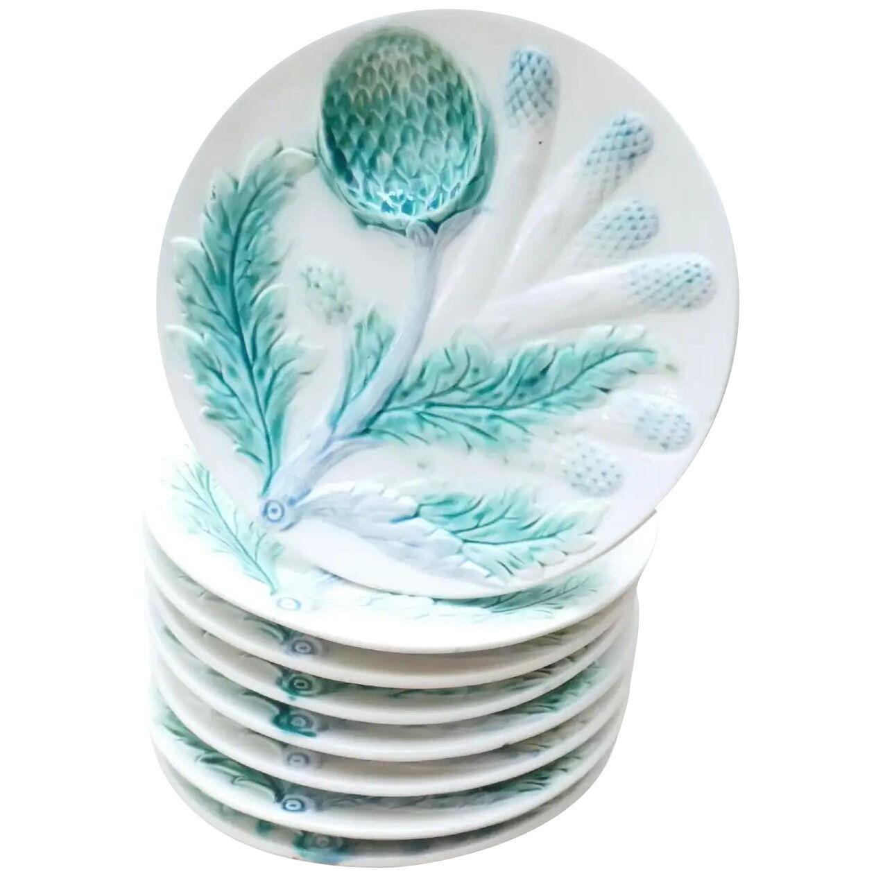 Eight Luneville French Faïence Barbotine Majolica Asparagus and Artichoke Plates