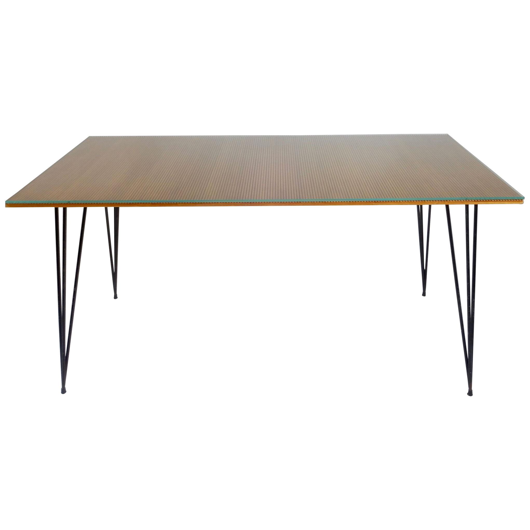 Italian Desk/ Dining Table with Wood Top and Black Metal Legs, 1950s