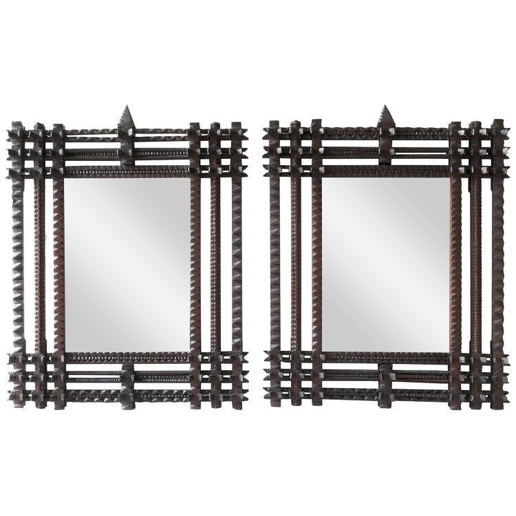 Pair of Large Wood Tramp Art Frames with Mirror, Circa 1880, France