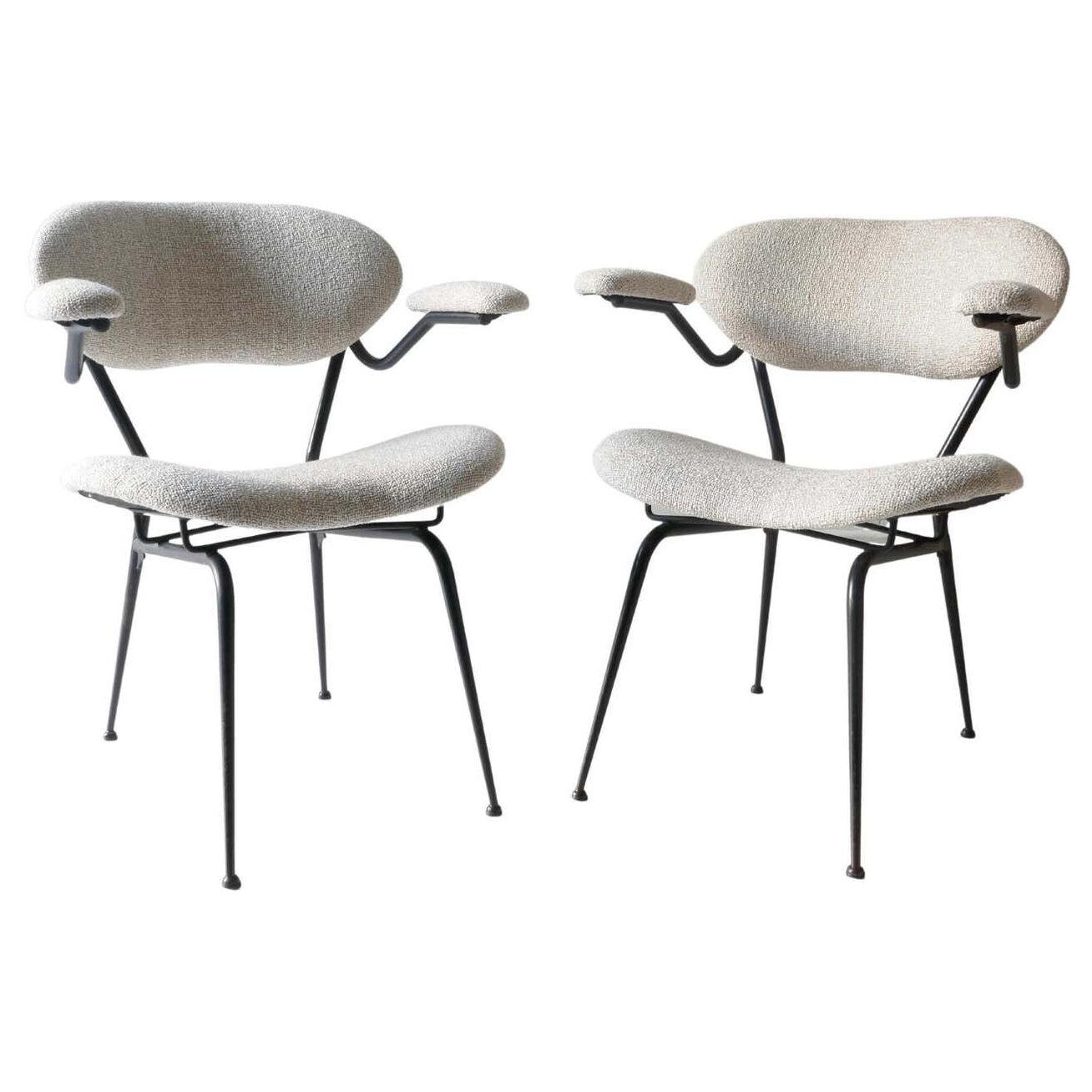 Pair of off White Arm Chairs with Metal Black Frame, Italy, 1960s