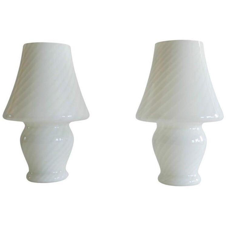 Pair of White Glass Murano Table Lamps, Italy 1960s